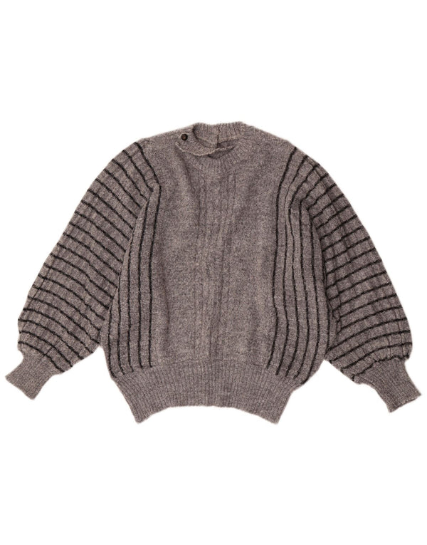 Maglione maglione girocollo da donna vintage UK 16 acrilico a righe grandi grigie