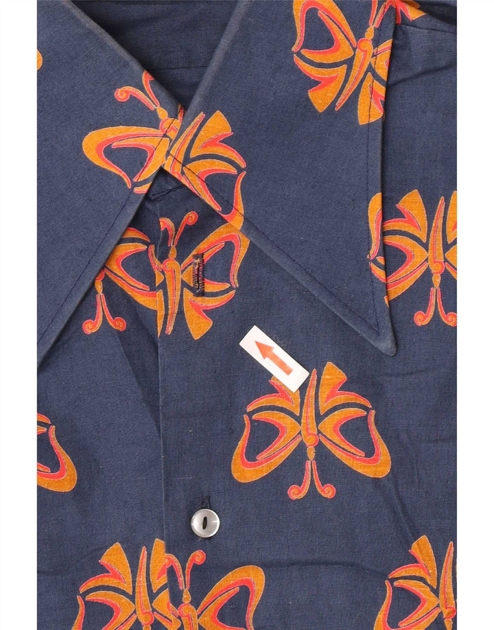 Camicia vintage da uomo con motivo astratto, grande farfalla in cotone blu navy