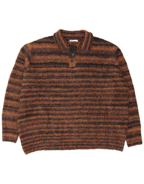 Maglione Zara da uomo, vestibilità ampia, con collo a polo, XL, poliestere gessato marrone