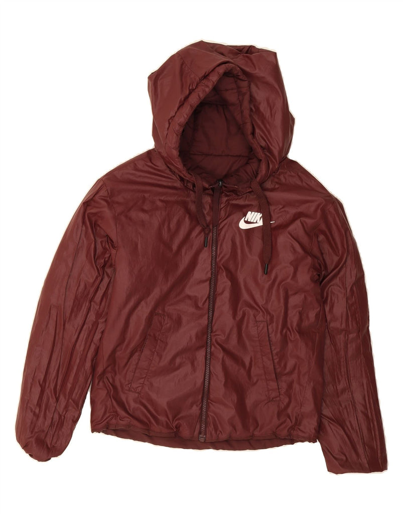 NIKE Womens Graphic Hooded Padded Jacket UK 6 XS Maroon Polyester Vintage Nike and Second-Hand Nike from Messina Hembry 