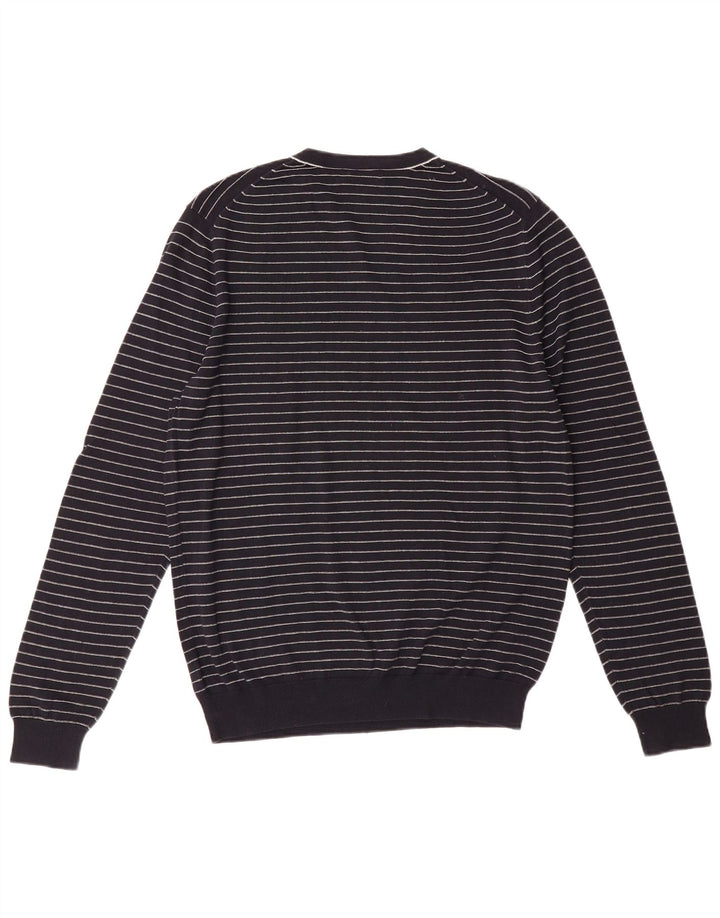 MASSIMO DUTTI Mens V-Neck Jumper Sweater Medium Navy Blue Striped Cotton