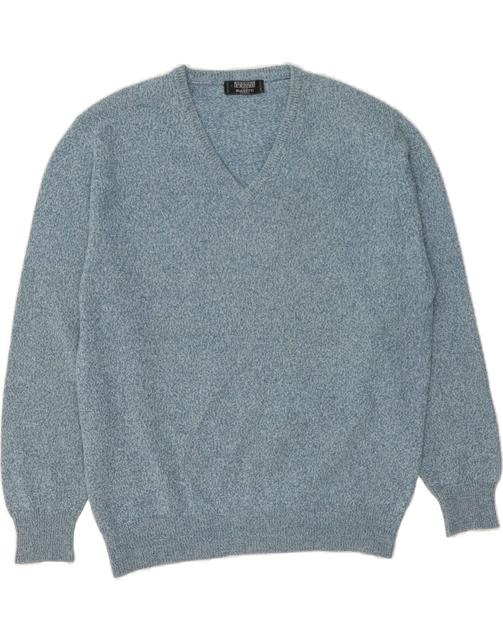 ANDREA FENZI Mens V-Neck Jumper Sweater IT 50 Medium Blue Wool Vintage Andrea Fenzi and Second-Hand Andrea Fenzi from Messina Hembry 
