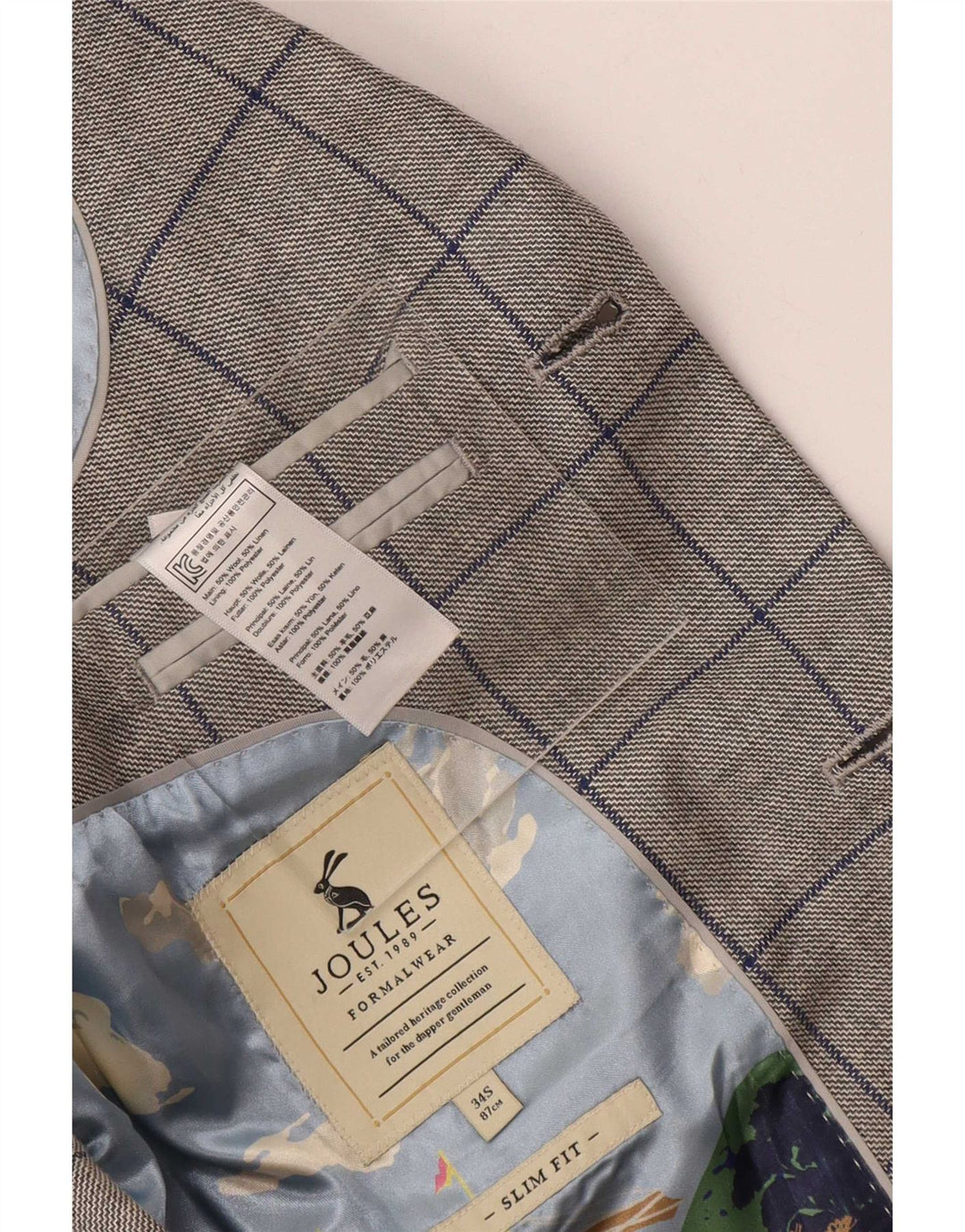 Joules Giacca blazer slim fit da uomo a 2 bottoni UK 34 XS lana a quadri grigia