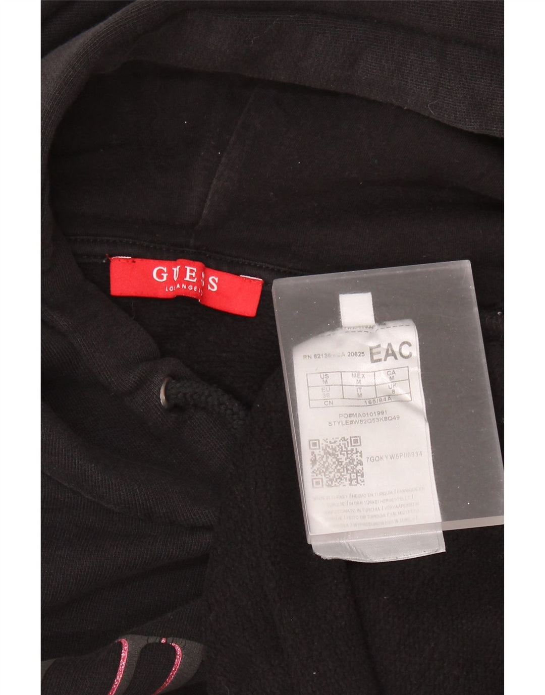 GUESS Felpa con cappuccio grafica oversize da donna con maniche a 3/4 UK 8 Small Nera