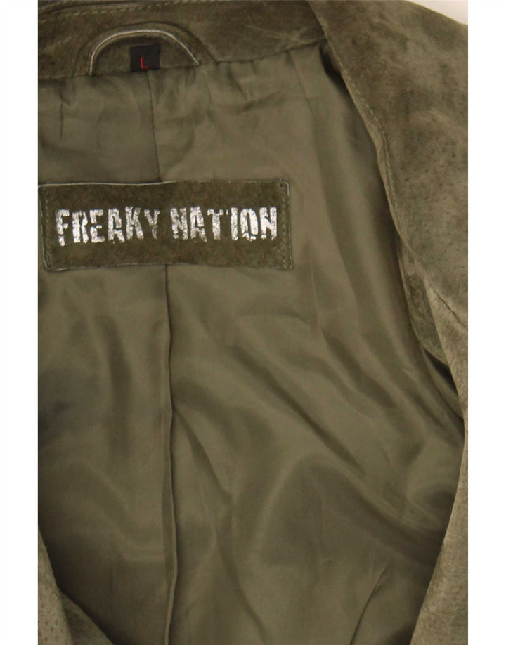 Giacca da motociclista in pelle scamosciata da donna Freaky Nation UK 14 Large in pelle kaki