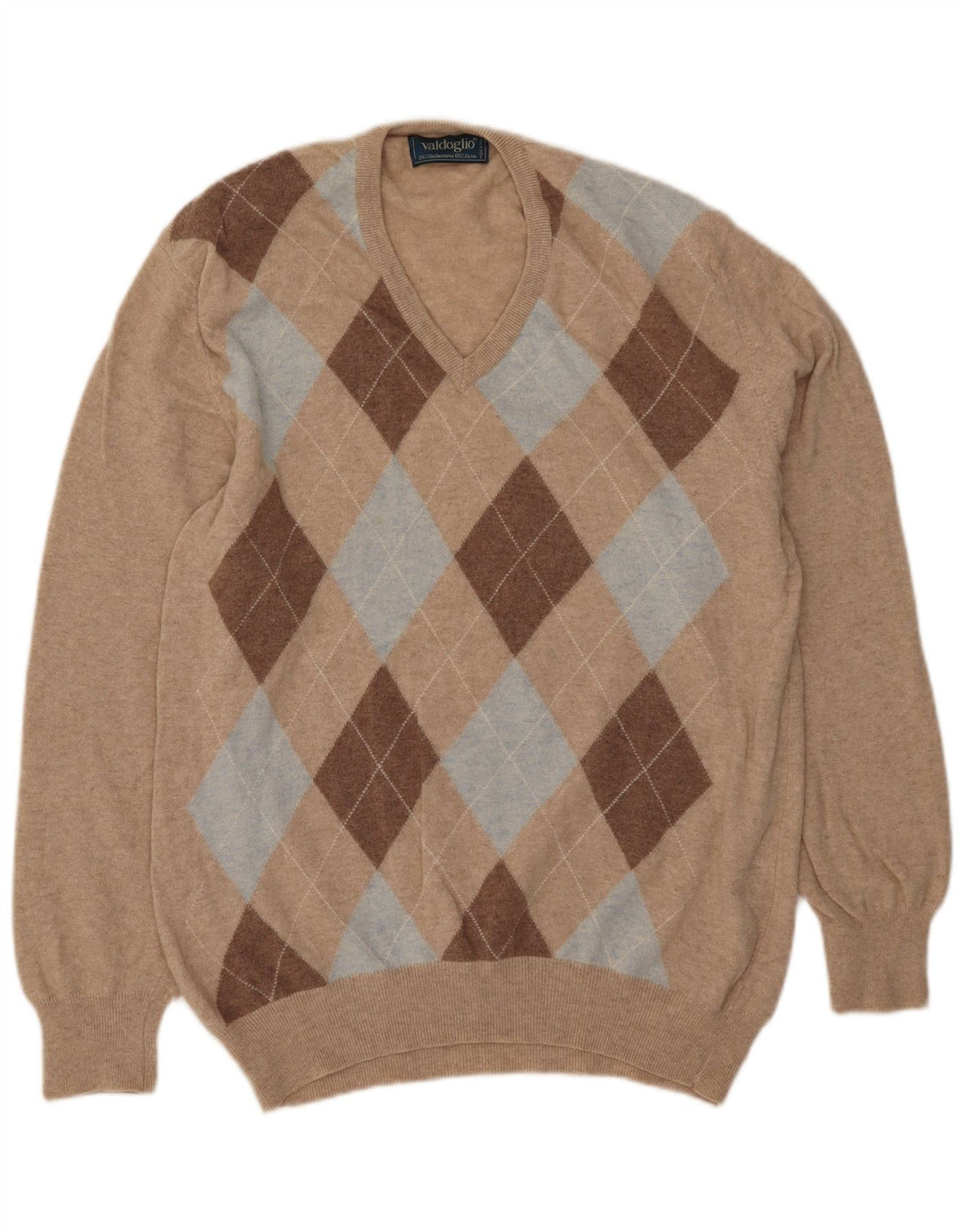 Maglione da uomo con scollo a V Valdoglio XL Beige Argyle/Diamond Wool