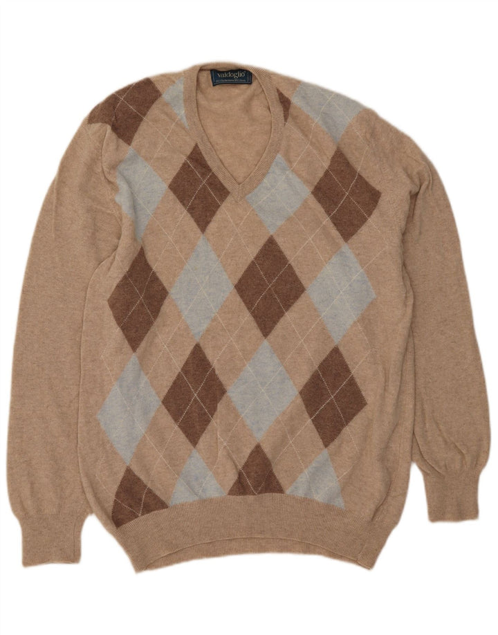 Maglione da uomo con scollo a V Valdoglio XL Beige Argyle/Diamond Wool