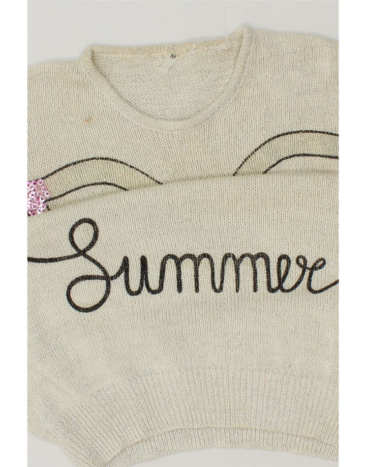 VINTAGE Womens Graphic Crew Neck Jumper Sweater UK 14 Medium Off White Vintage Vintage and Second-Hand Vintage from Messina Hembry 