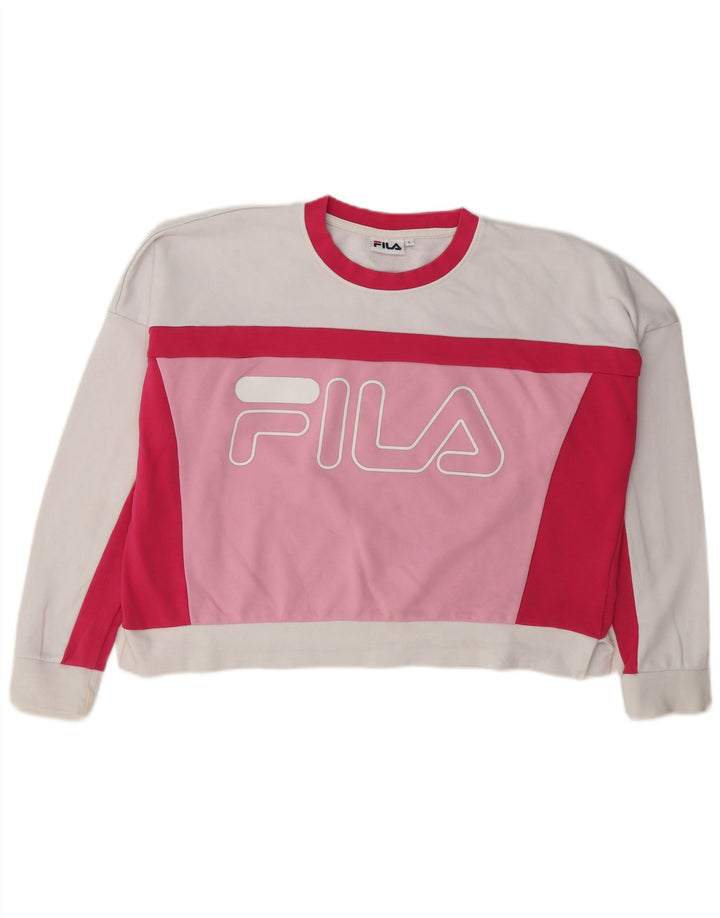 Felpa corta oversize da donna Fila, maglione UK 16, grande, colore bianco