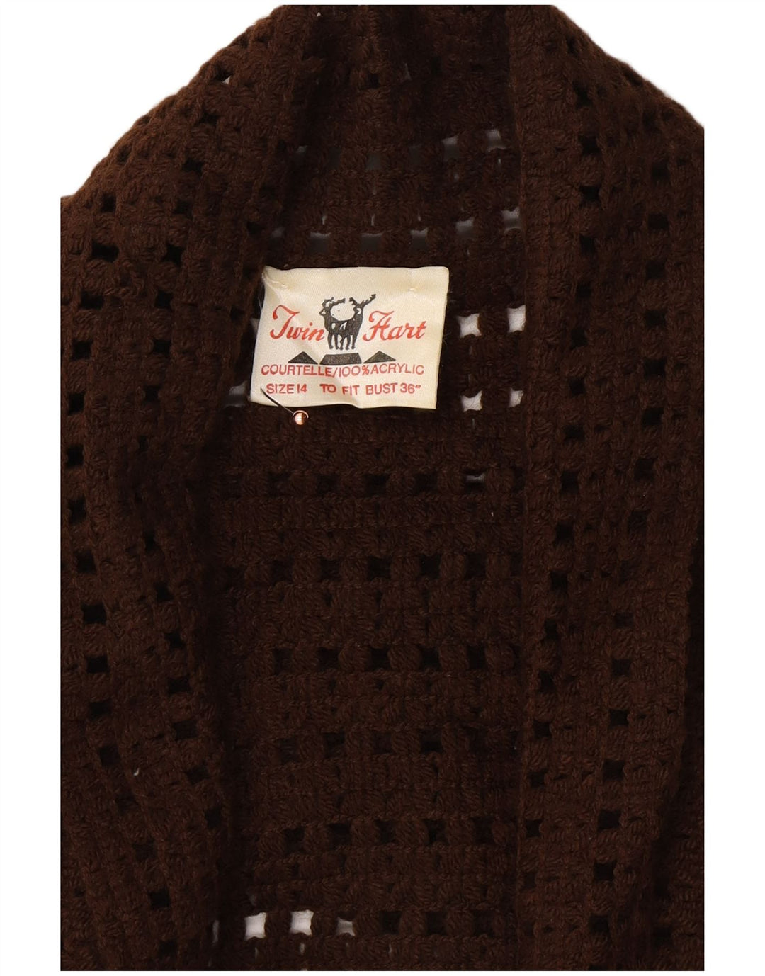 Maglione cardigan all'uncinetto da donna VINTAGE UK 14 grande acrilico marrone