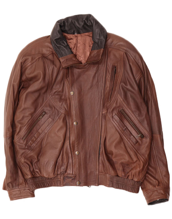 Giacca in pelle vintage da uomo UK 46 3XL Motociclista in pelle color block marrone