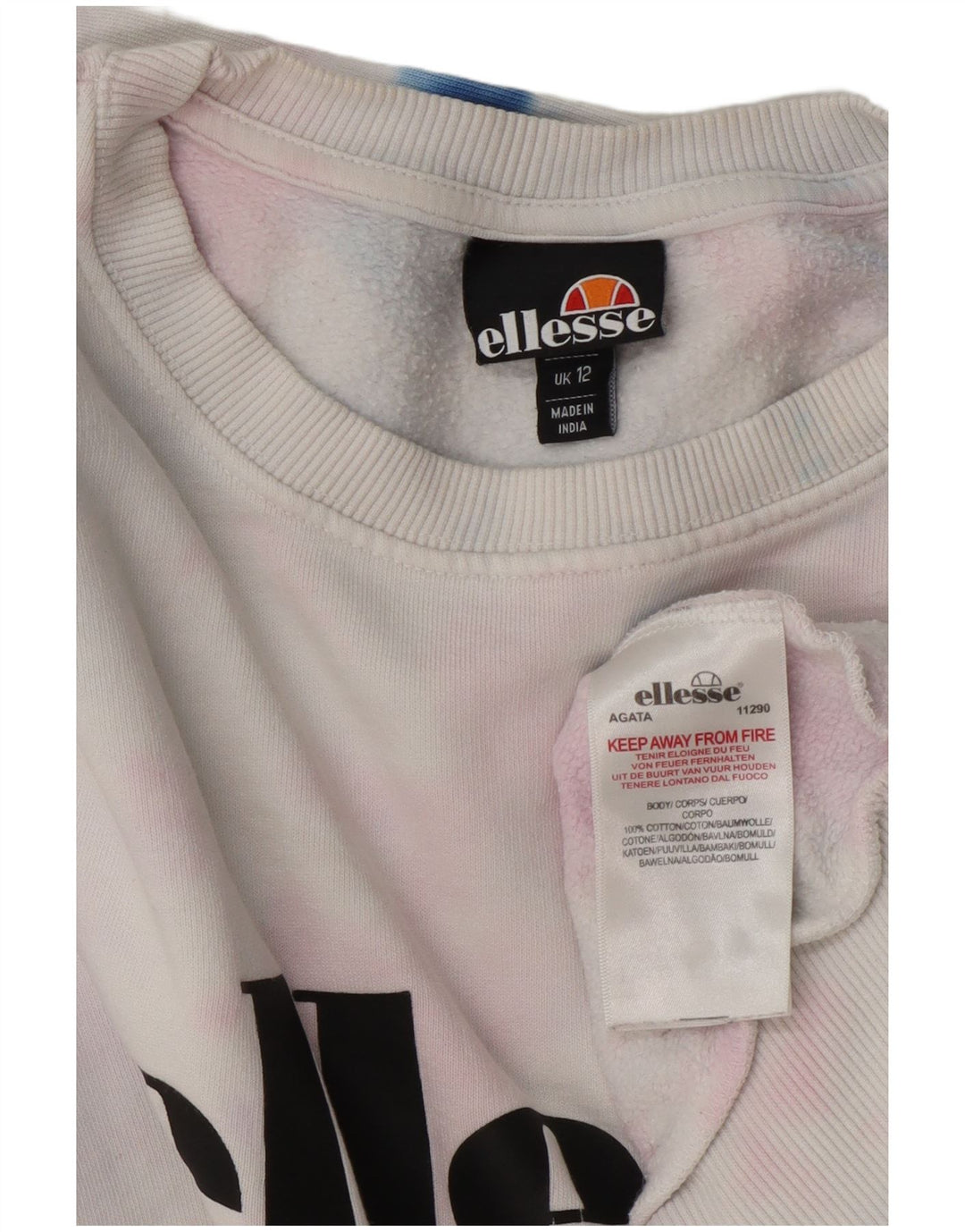 Felpa grafica da donna Ellesse Maglione UK 12 Medium White Tie Dye Cotton