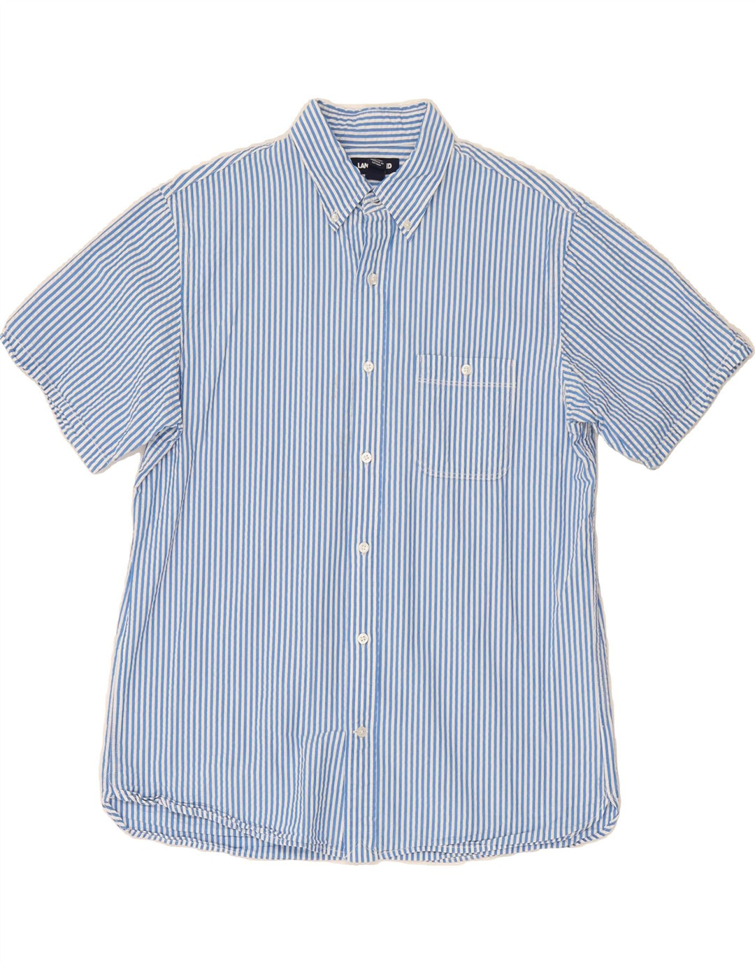LANDS END Mens Short Sleeve Shirt Medium Blue Pinstripe Cotton Vintage Lands End and Second-Hand Lands End from Messina Hembry 