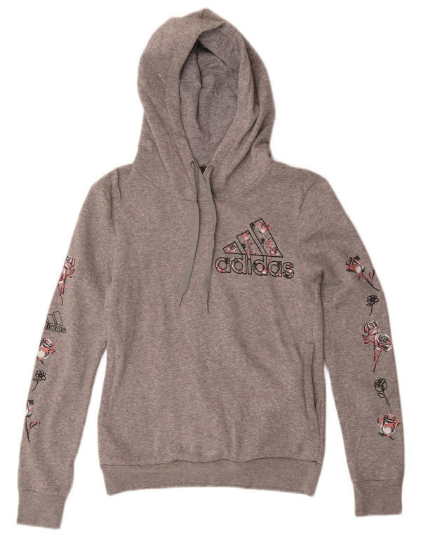 Felpa con cappuccio grafica da donna Adidas UK 4/6 XS cotone floreale grigio