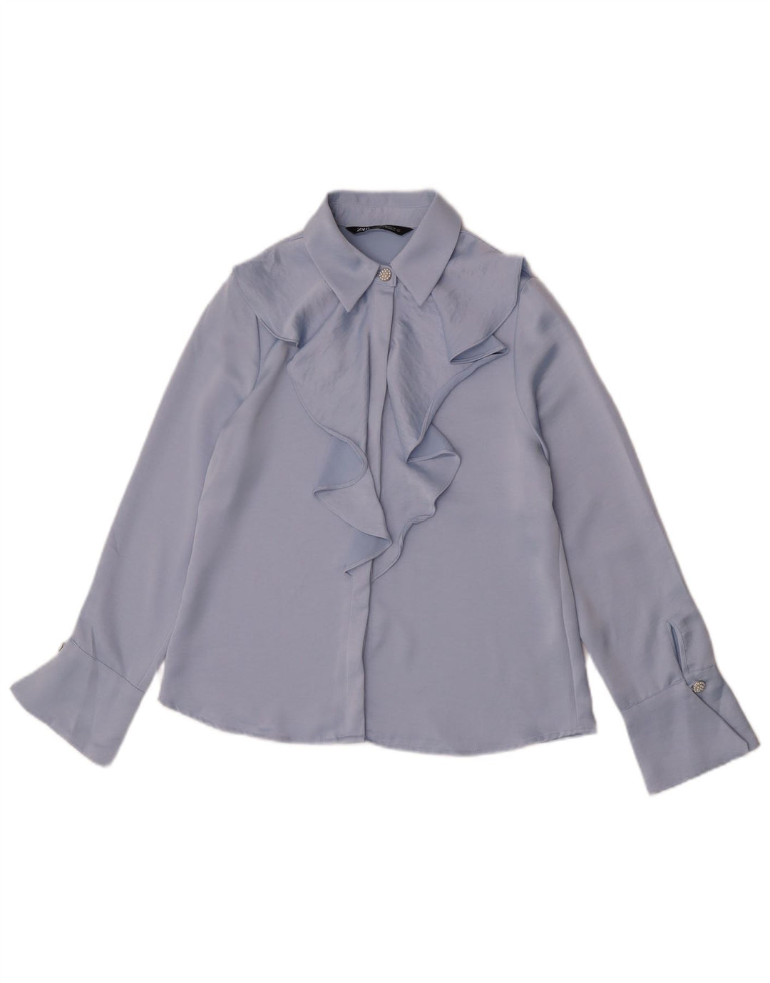 Camicia Zara da donna con volant sul davanti, camicetta UK 6 XS blu poliestere