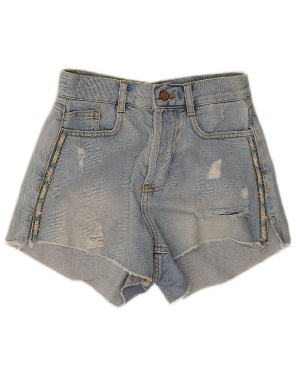Pantaloncini in denim invecchiato da donna Zara EU 32 2XS W22 cotone a righe blu