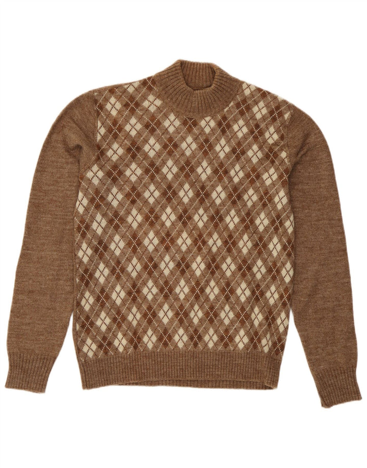 Maglione vintage da donna con collo dolcevita UK 16 grande marrone a rombi/diamante