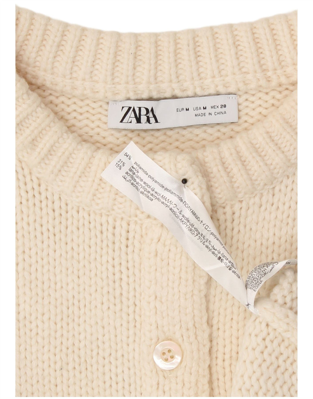 Maglione cardigan corto da donna Zara UK 12 medio bianco sporco poliammide