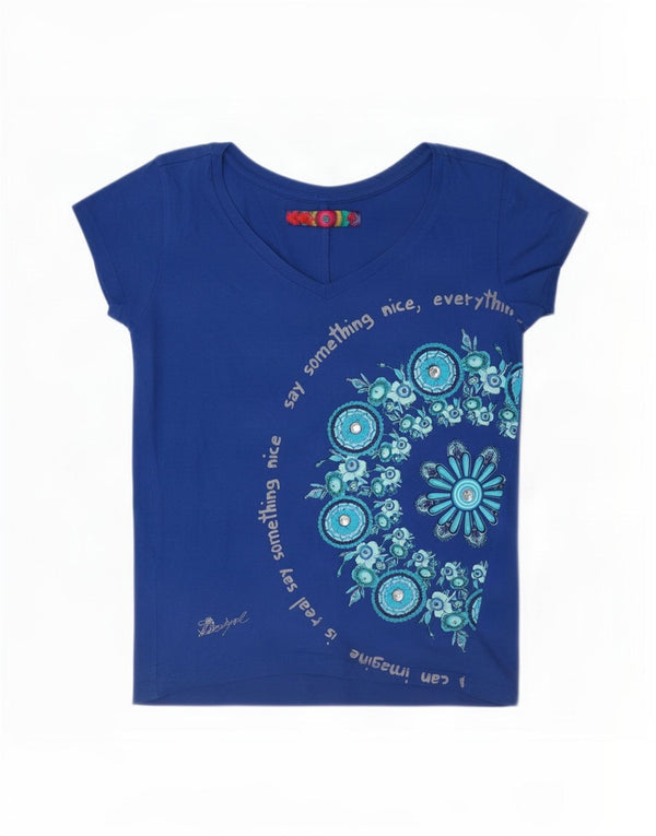 Desigual T-shirt grafica da donna Top UK 14 Cotone floreale blu medio