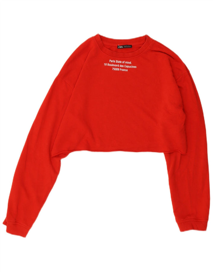 Felpa corta con grafica Zara da donna, taglia UK 14, cotone rosso medio