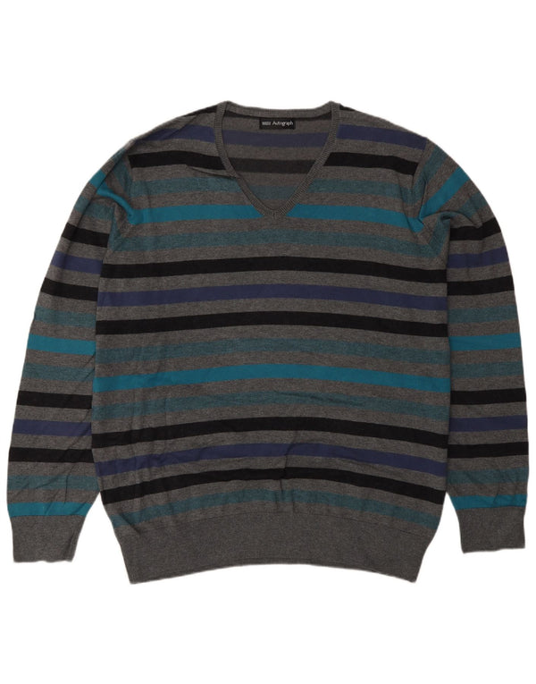 Maglione da uomo Marks & Spencer con scollo a V XL in cotone a righe grigie classico