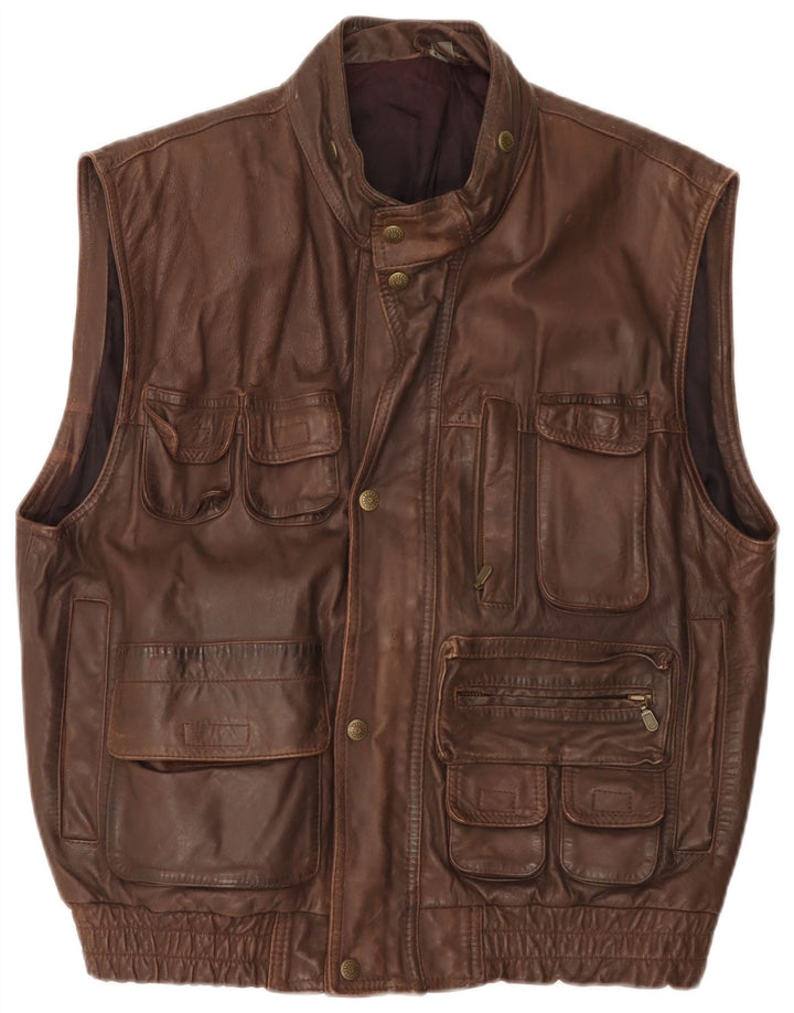 Gilet multiuso in pelle vintage da uomo UK 40 grande marrone