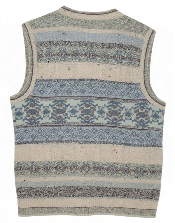 Vintage Mens Sleeveless Cardigan Sweater IT 52 Large Blue Fair Isle