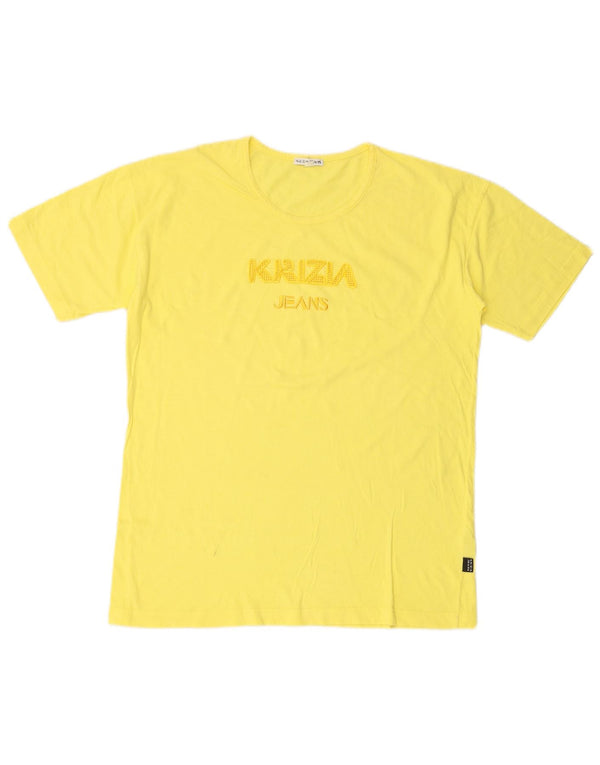 KRIZIA T-shirt grafica da donna Top UK 16 grande cotone giallo