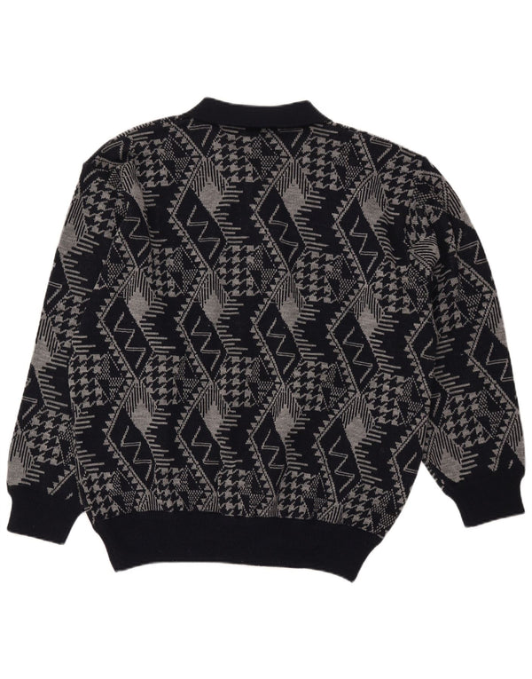 Maglione vintage da uomo con collo polo XL blu navy geometrico