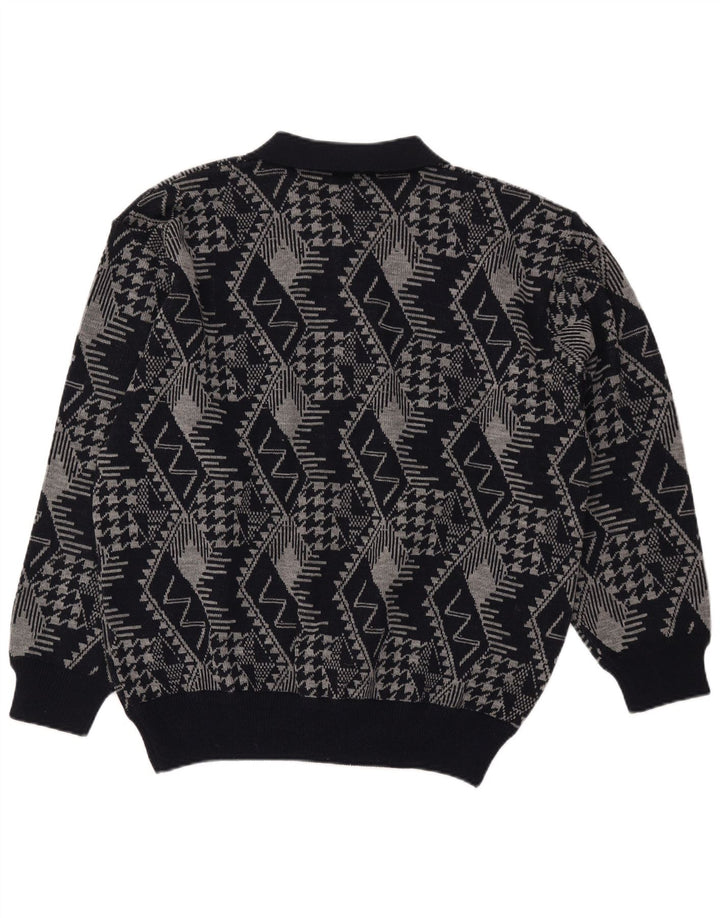 Maglione vintage da uomo con collo polo XL blu navy geometrico