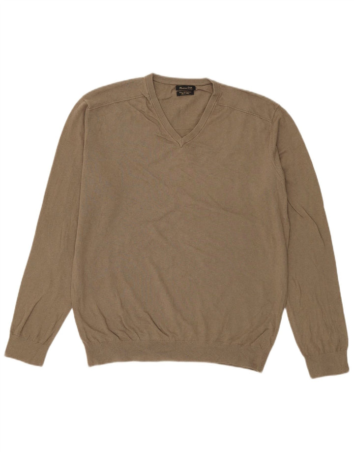 Massimo Dutti Maglione da uomo con scollo a V grande cotone kaki