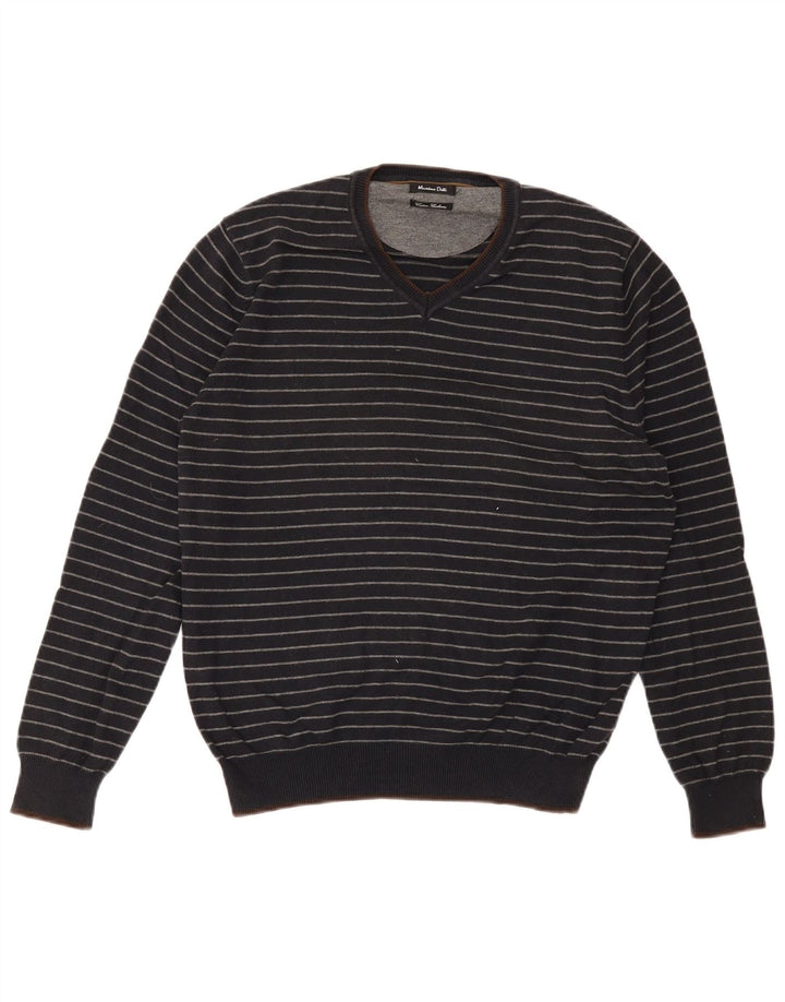 Massimo Dutti Maglione da uomo con scollo a V in cotone a righe medie blu navy