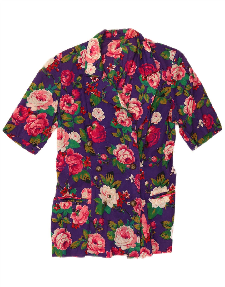 Giacca blazer doppiopetto vintage da donna UK 14 floreale viola medio