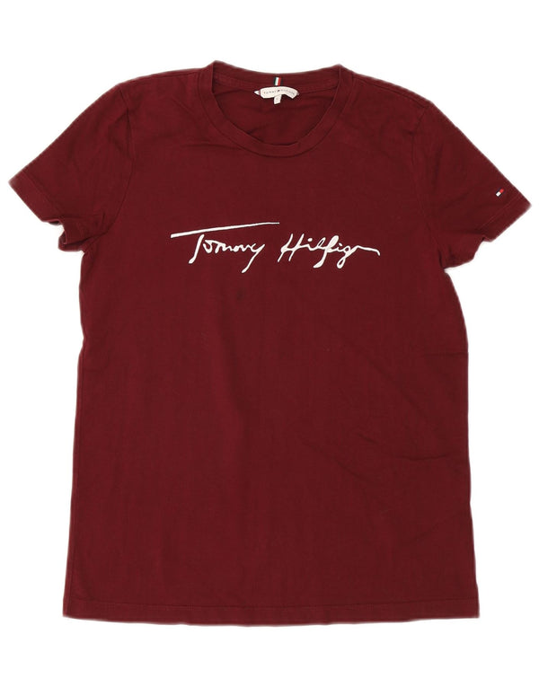 T-shirt grafica da donna Tommy Hilfiger Top UK 10 piccola in cotone bordeaux