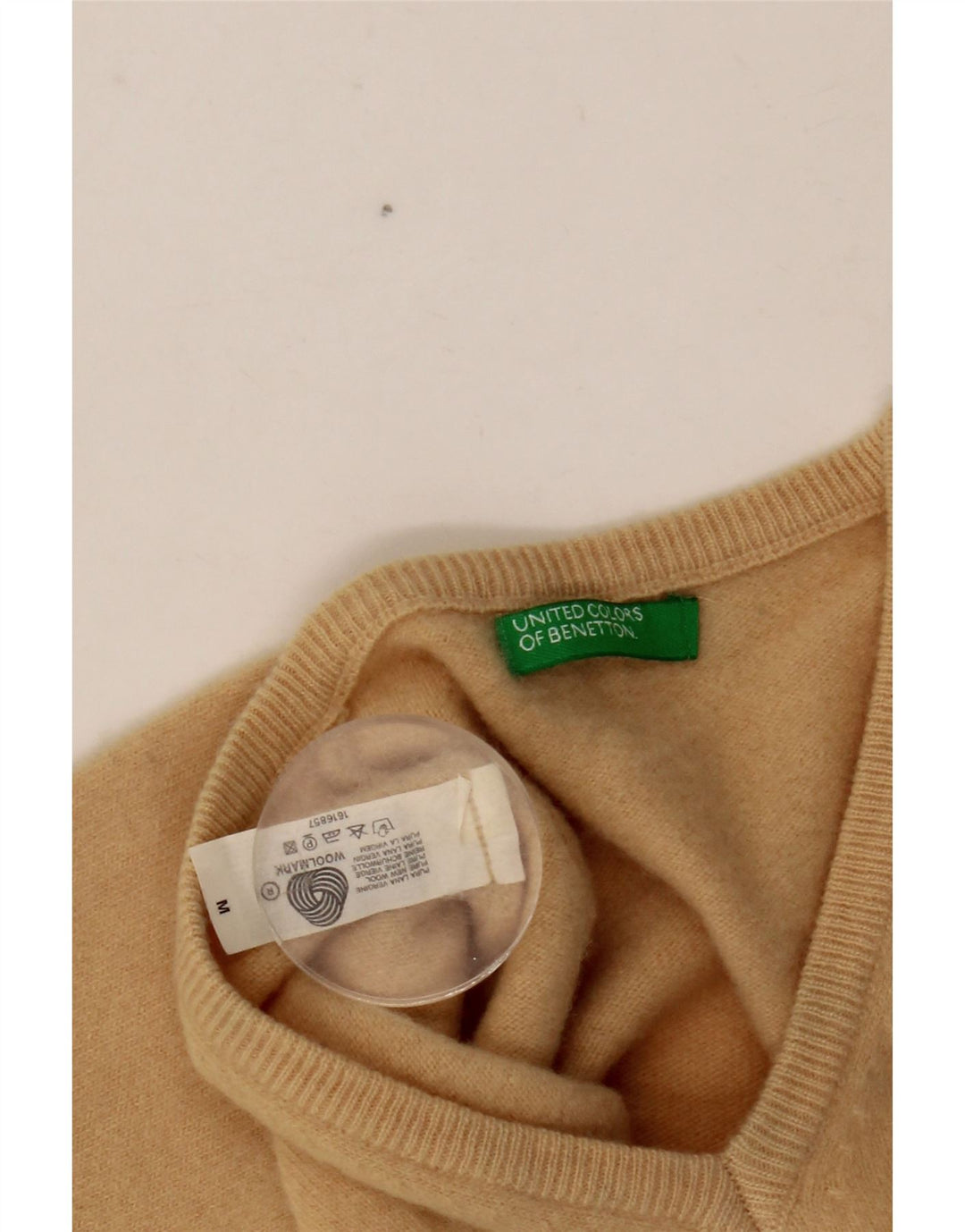 BENETTON Maglione corto con scollo a V da donna UK 12 Lana beige medio