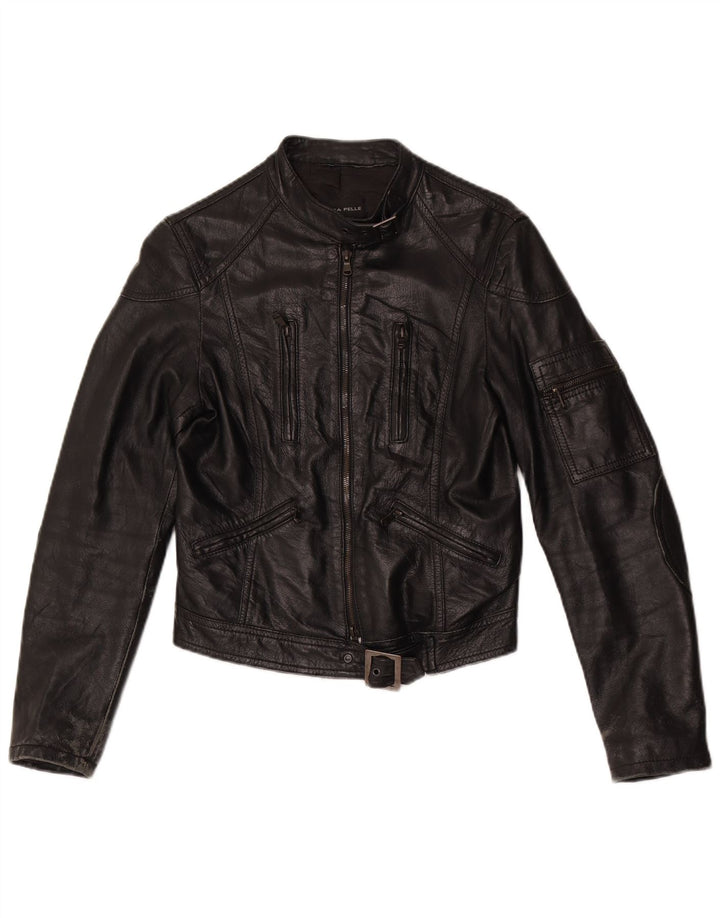 Giacca da motociclista in pelle corta da donna vintage UK 10 piccola pelle nera