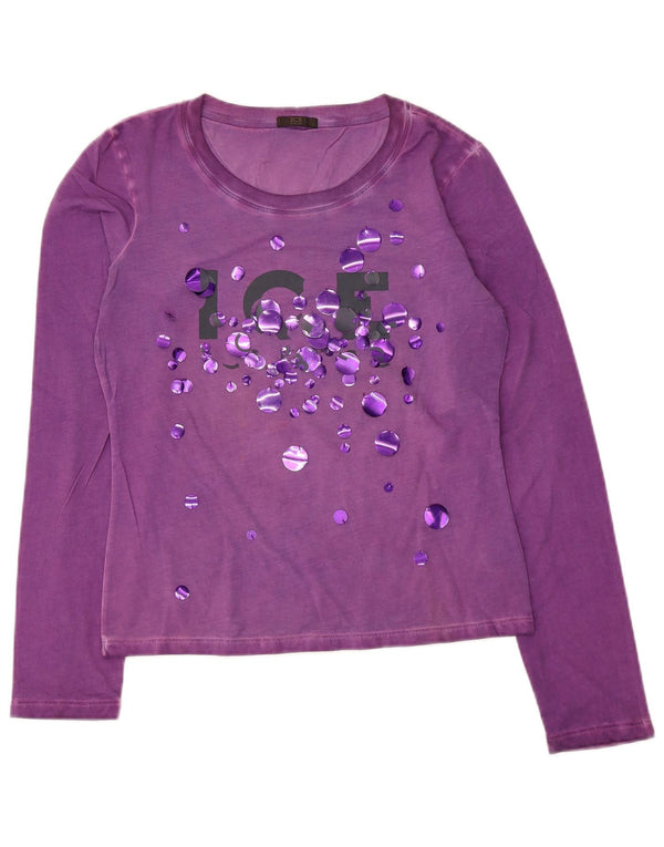 Top grafico da donna Iceberg a maniche lunghe UK 14 grande cotone viola
