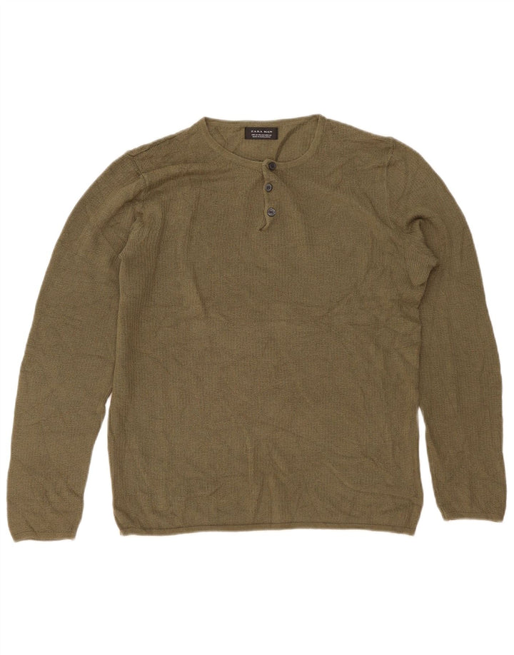 Maglione Zara da uomo con collo a bottoni, colore kaki medio