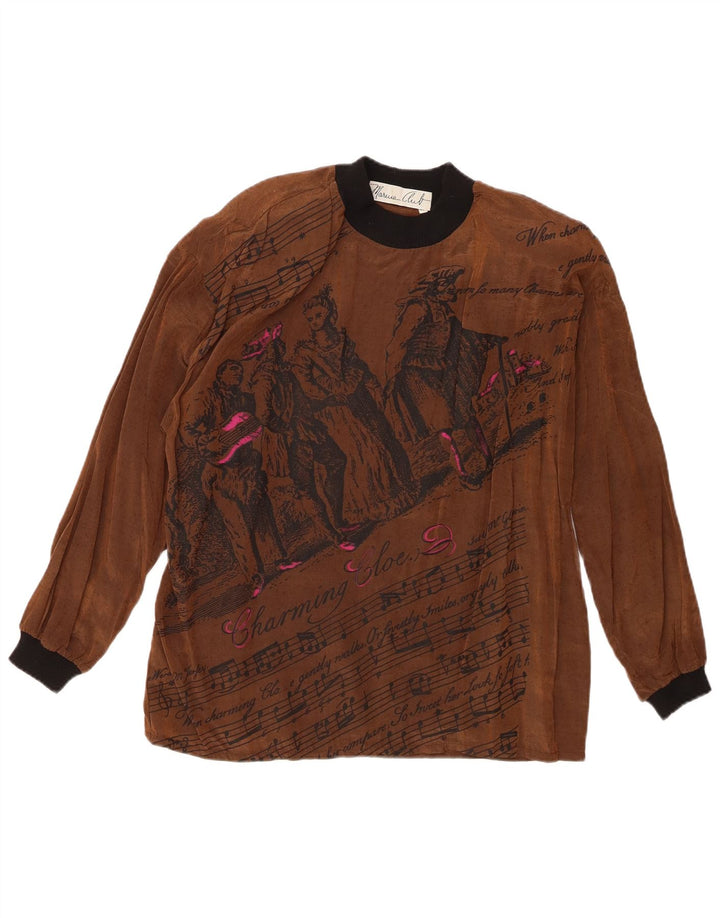 Top grafico da donna vintage a maniche lunghe EU 42 grande in viscosa marrone