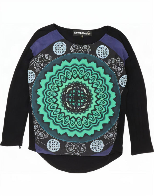 Desigual Donna Graphic Top Manica Lunga UK 14 Medium Nero Paisley Viscosa