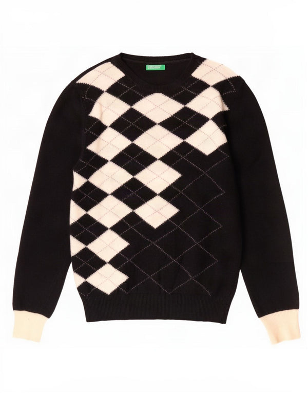 Maglione da donna con scollo a barca Benetton UK 10 piccolo nero a rombi/diamante