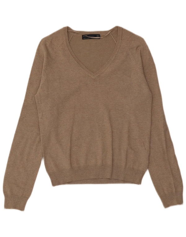 Maglione maglione con scollo a V da donna Zara UK 18 XL cotone marrone