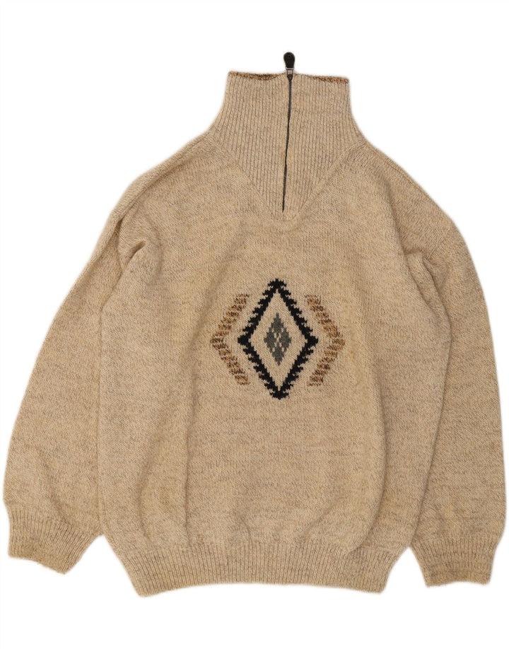 NEW LOOK Mens Zip Neck Jumper Sweater Large Beige Argyle/Diamond Acrylic Vintage NEW LOOK and Second-Hand NEW LOOK from Messina Hembry 