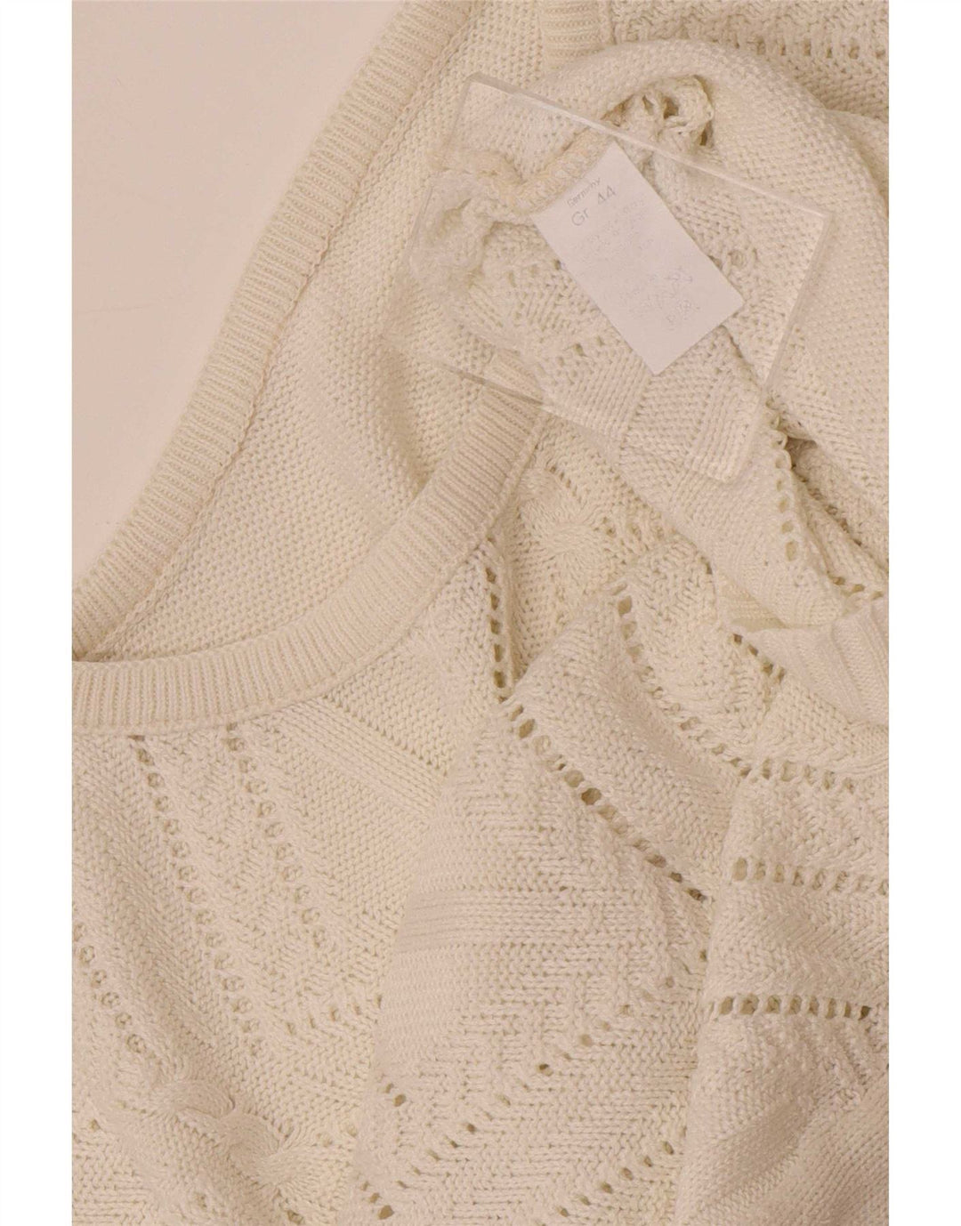 Maglione maglione girocollo da donna vintage UK 14 bianco medio geometrico