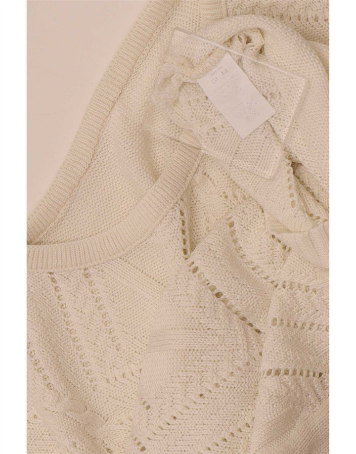 Maglione maglione girocollo da donna vintage UK 14 bianco medio geometrico