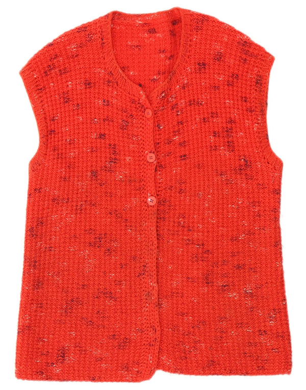 Maglione cardigan senza maniche vintage da donna UK 16 grande rosso chiazzato