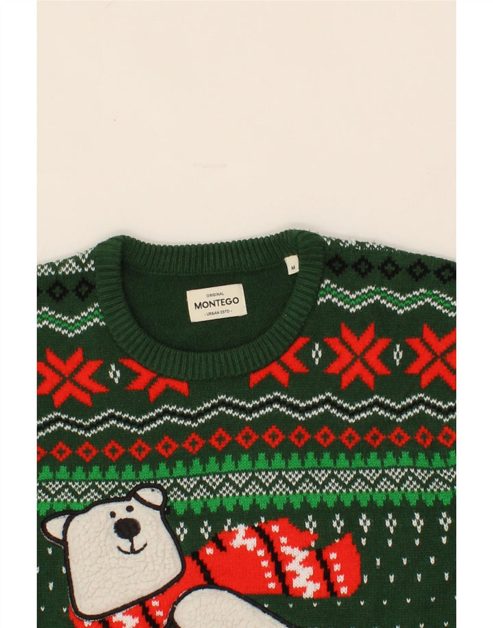 MONTEGO Womens Crew Neck Jumper Sweater UK 14 Medium Green Fair Isle Vintage Montego and Second-Hand Montego from Messina Hembry 