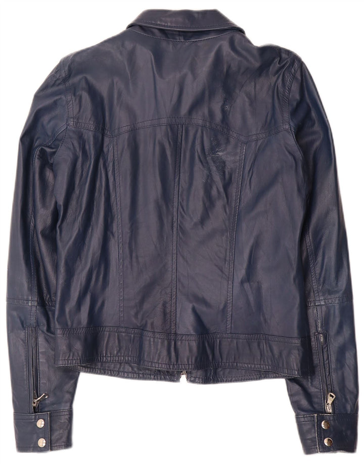 Giacca in pelle corta da donna vintage UK 14 grande in pelle blu navy