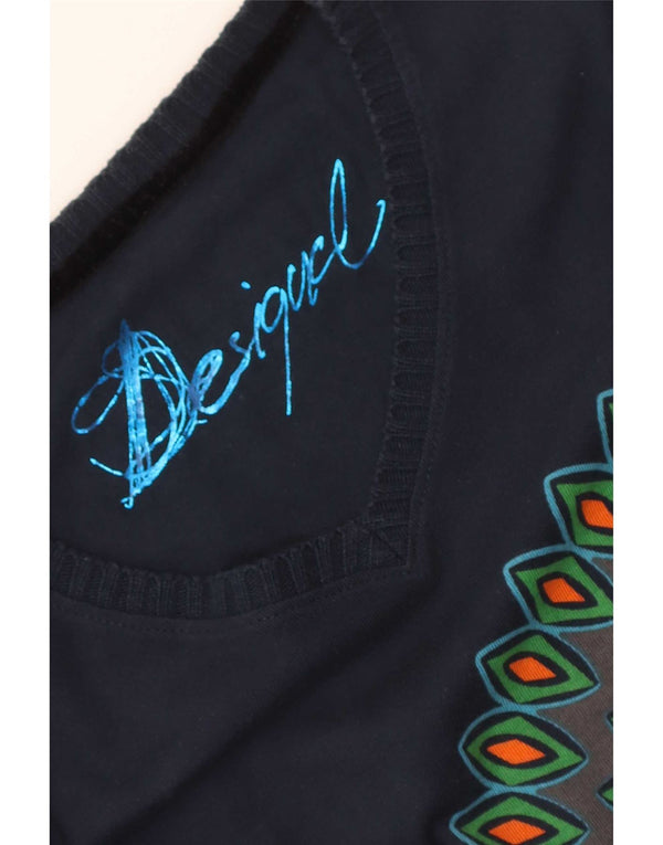 Desigual Donna Graphic Top Manica Lunga UK 12 Medio Blu Navy Geometrico