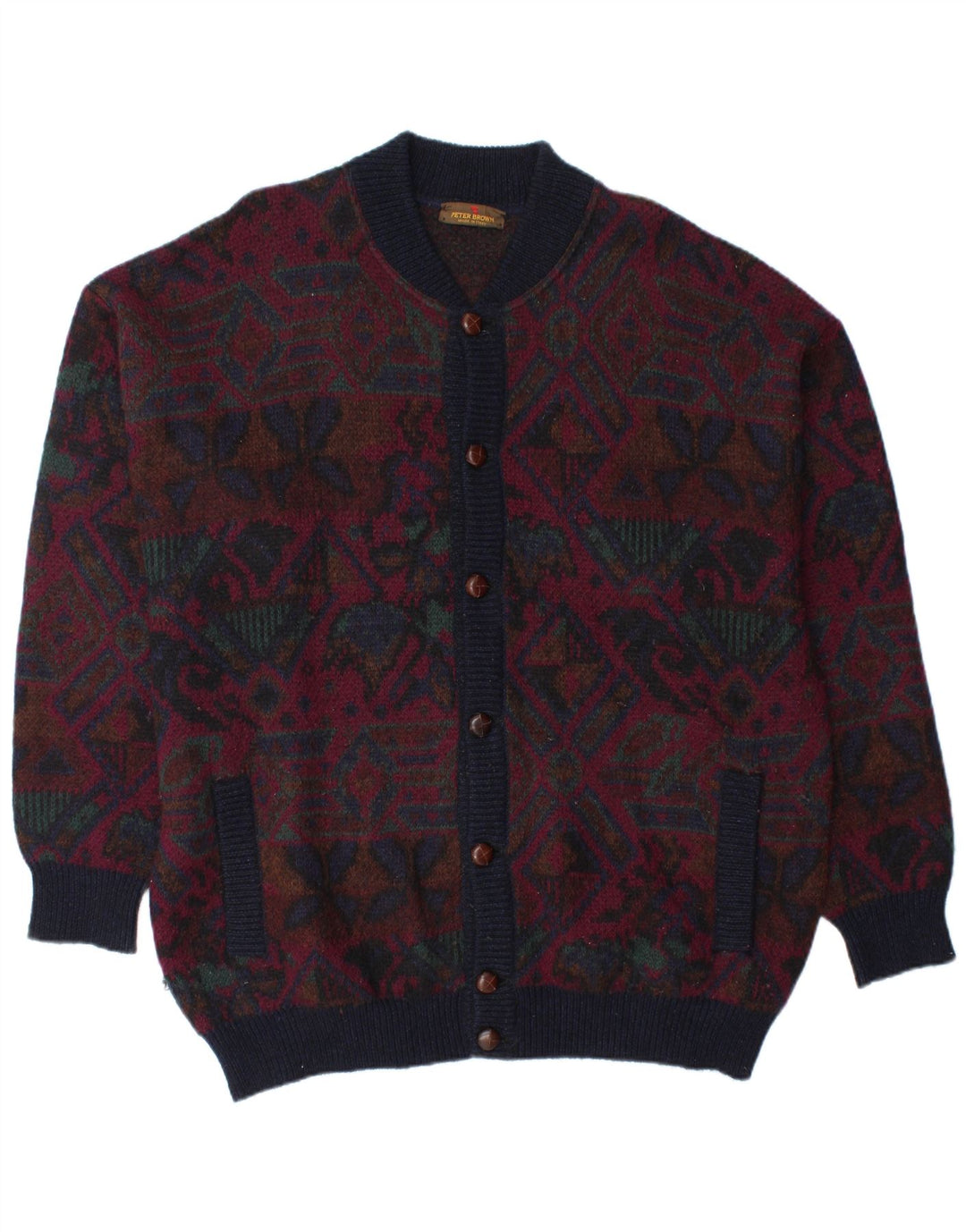 PETER BROWN Maglione cardigan da uomo IT 58 3XL Borgogna Fair Isle